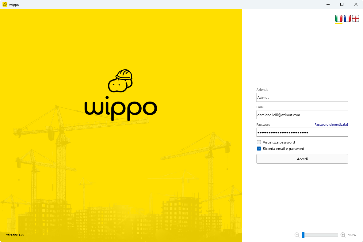 Schermata di login dell'applicazione Wippo con campi di accesso